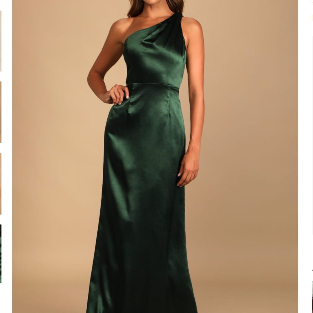 On the Guest List Emerald Green Satin One-Shoulder Maxi Dress (Size XS)